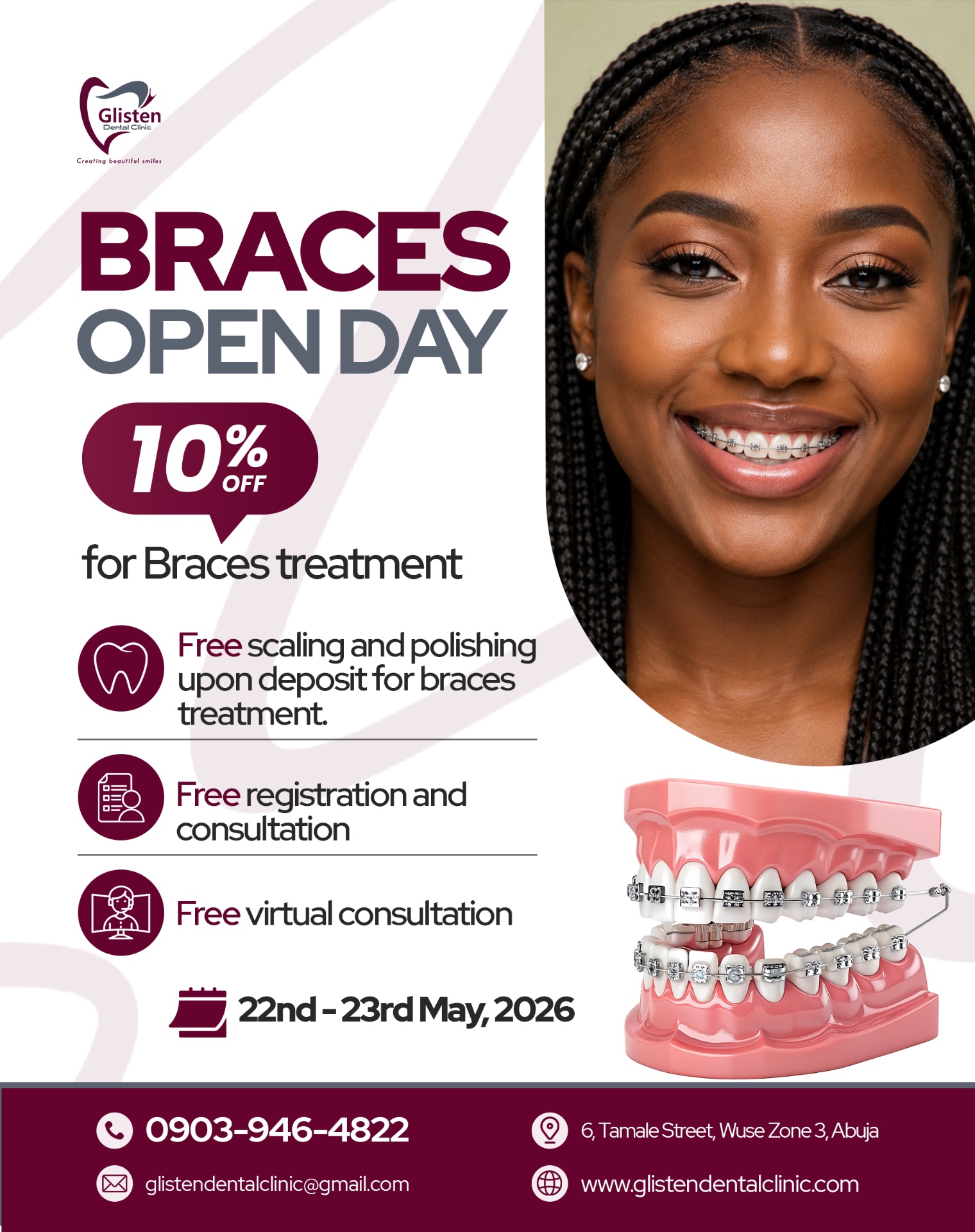 Braces Open Day at Glisten Dental Clinic Abuja — 10% off metal, ceramic & lingual braces, free scaling and free registration. Affordable braces near Abuja.