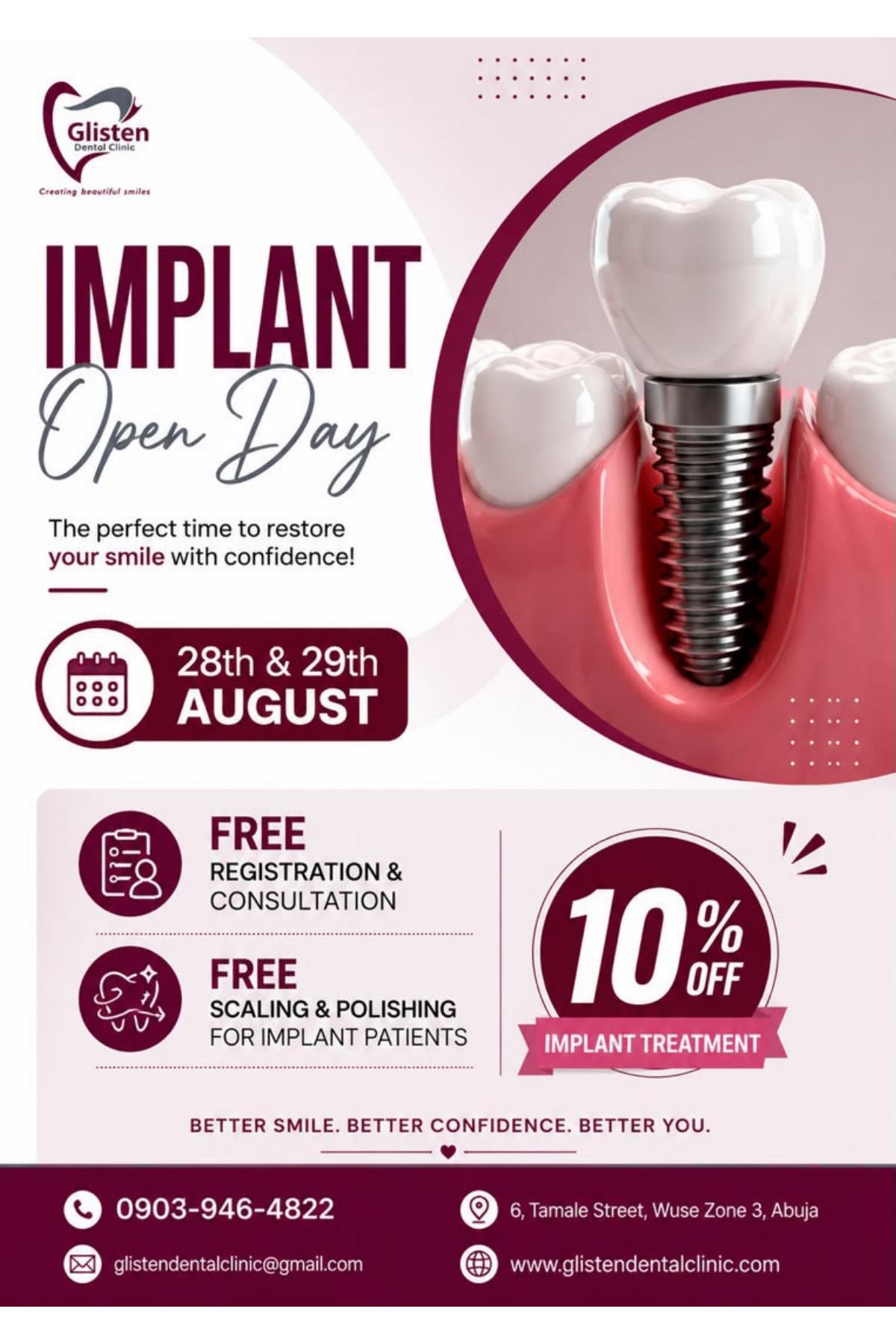 Dental Implant Open Day at Glisten Dental Clinic Abuja — 10% off implant treatment, free registration & consultation, free scaling & polishing for implant patients. 28th & 29th August 2026.